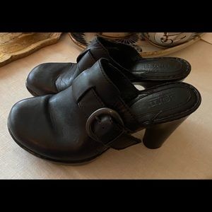 Born Black Leather Buckle Mules Heels